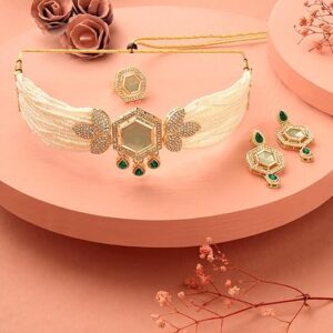 Green Stones Multistrand Beaded Austrian Diamonds Choker Necklace Earring & Ring Set For Women