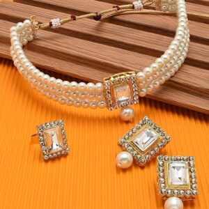 Gold Tone Multistrand Pearls Choker Necklace Earring & Ring Set For Women
