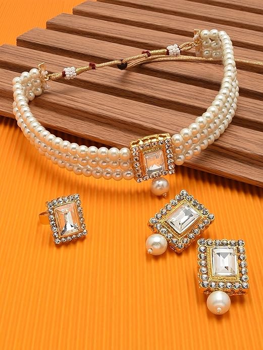 Gold Tone Multistrand Pearls Choker Necklace Earring & Ring Set For Women