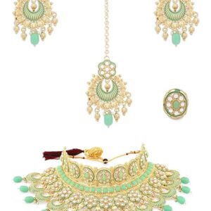 Green Bridal Choker Necklace Earring Maangtikka & Ring Set For Women