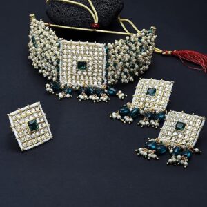 Green Crystals & Pearls Beaded Multistrand Kundan Choker Necklace Earring & Ring Set For Women