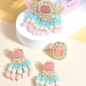 Pink Turquoise Multistrand Kundan Choker Necklace Earring & Ring Set For Women