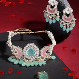 Green Pink Stones & Beads Multistrand Kundan Choker Necklace Earring & Ring Set For Women