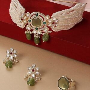 Green Multistrand Kundan & Beads Choker Necklace Earring & Ring Set For Women