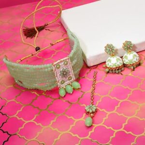 Green White Meenakari Crystal Multistrand Necklace Earring & Maangtikka Set For Women-