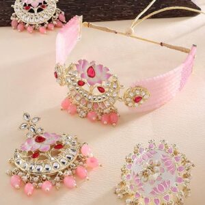 Pink Meenakari Lotus Design Multistrand Beaded Choker Necklace Earring & Ring Set For Women