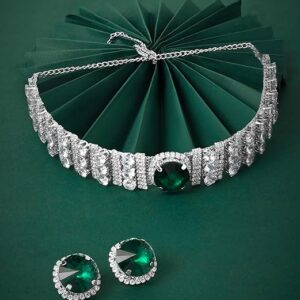 Green Designer Stones & Austrian Diamonds Party Choker Necklace & Earring For Women