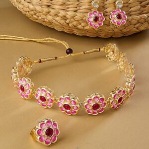 Pink Meenakri Flowers Kundan Necklace Earring & Ring Set For Women