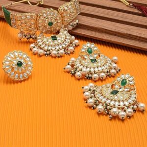 Pink Turquoise Multistrand Kundan Choker Necklace Earring & Ring Set For Women Ethnic ac