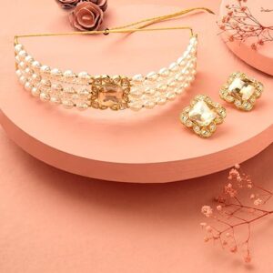 Gold Tone Multistrand Beaded Statement Center Piece Choker Necklace & Earring Set For Women
