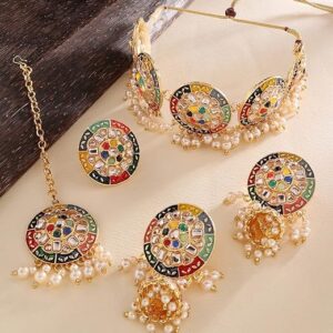 Multicolor Meenakari Flower Design Choker Necklace Earring Maangtikka & Ring Set For Women