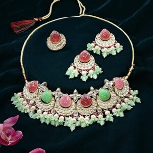 Multicolor Stones & Cluster Beads Drop Kundan Choker Necklace Earring & Ring Set For Women