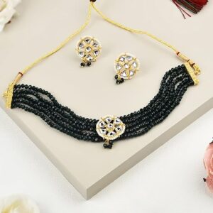 Green Crystal Shine Green Beads Multistrand Kundan Choker Necklace & Earring Set For Women