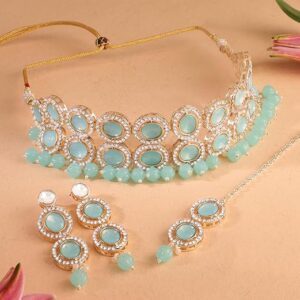 Turquoise Blue Stones Beads Austrian Diamonds Choker Necklace Earring & Maangtikka Set For Women