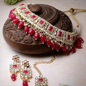 Gold Plated Rani Pink Ad Stones & Beads Studded Choker Necklace Set For Women