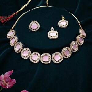 Pink Stones Dazzling Austrian Diamonds Necklace Earring & Ring Set For Women