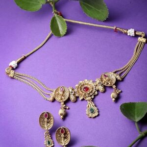 Feminine Multistrand Gold Plated Peacock Copper Choker Necklace Set With Studs Earring | Jewellery Set For Women