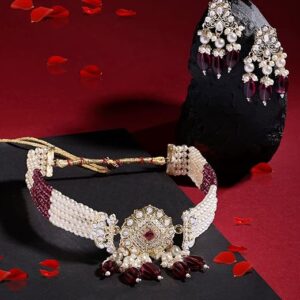Purple Crystal & Pearls Embellished Multistrand Kundan Choker Necklace & Earring Set For Women