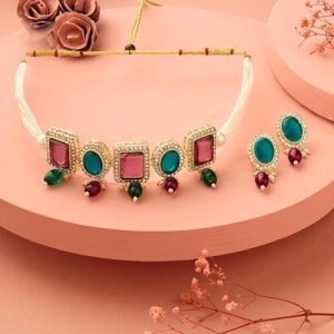 Turquoise Blue Stones Beads Austrian Diamonds Choker Necklace Earring & Maangtikka Set For Women (Copy)