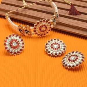 Turquoise Blue Stones Beads Austrian Diamonds Choker Necklace Earring & Maangtikka Set For Women Gift