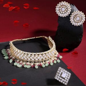 Green Pink Cluster Beads Drop Kundan Choker Necklace Earring & Ring Set For Women