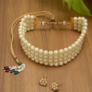 Purple Crystal & Pearls Embellished Multistrand Kundan Choker Necklace & Earring Set For Women (Copy)