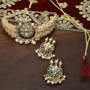 Green Meenakari Clustered Pearls Patta Kundan Choker Necklace & Earring Set For Women