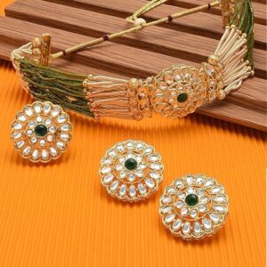 Green Wedding Collection Kundan Choker Necklace Earring & Ring Set For Women