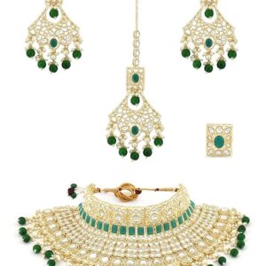 Green Bridal Kundan Choker Necklace Earring Maangtikka & Ring Set For Women