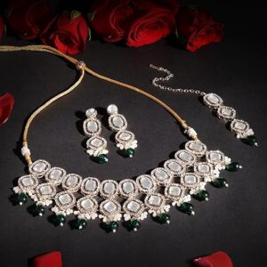 Green Beads Drop Dazzling Stones Statement Choker Necklace Earring Maangtikka Set For Women