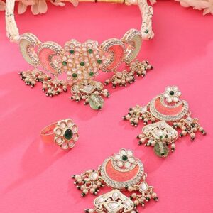 Pink Green Stones Beads Multistrand Kundan Choker Necklace Earring & Ring Set For Women