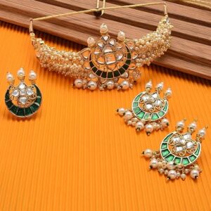 Green & Pink Kundan Embellished Choker Necklace Earring & Ring Set For Women (Copy)