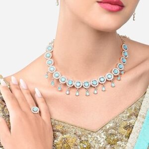 Turquoise Blue Dazzling Stones Sleek Choker Necklace Earring & Ring Set For Women