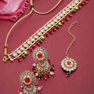 Gold Plated Red Multicolor Kundan & Beads Choker Necklace Set With Jhumki Earring And Maangtika | Jewellery Set For Women