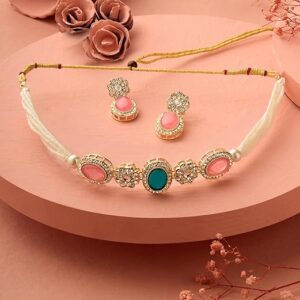 Pink Turquoise Multistrand Kundan Choker Necklace Earring & Ring Set For Women Ethnic aa