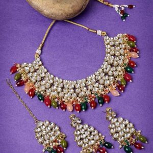 Heavy Looked Multicolor Kundan & Beads Studded Choker Necklace Set For Women