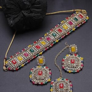 Traditional Green Kundan & Beads Studded Choker Necklace Set For Women