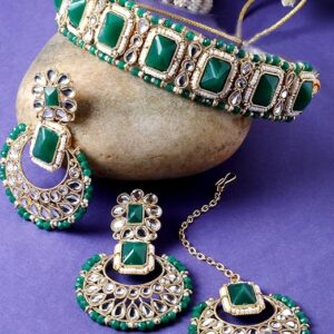 Squared Style White Kundan & Beads Studded Choker Necklace Set For Women