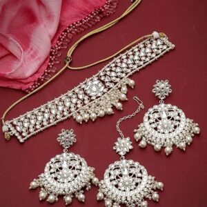 Gold Plated White Kundan & Beads Choker Necklace Set With Earring And Maangtika | Jewellery Set For Wome