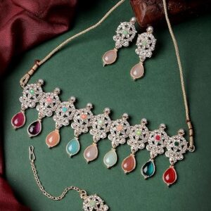 Gold Plated Multi AD Stones & Beads Choker Necklace Set With Earring And Maangtika | Jewellery Set For Women