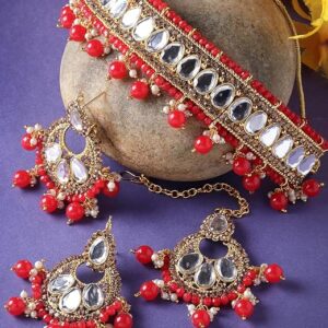 Gold Plated White Kundan & Beads Studded Choker Necklace Set For Women