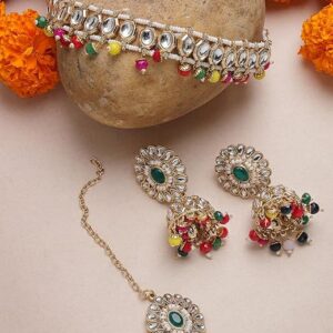 Gold Plated Red Multicolor Kundan & Beads Choker Necklace Set With Jhumki Earring And Maangtika | Jewellery Set For Women