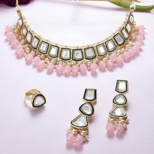 Pink Turquoise Multistrand Kundan Choker Necklace Earring Set For Women Ethnic aw