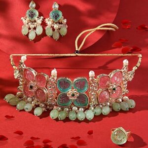 Pink Turquoise Multistrand Kundan Choker Necklace Earring & Ring Set For Women Ethnic fa