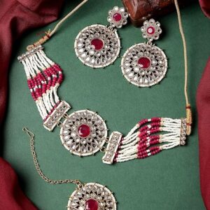 Round Shaped Multicolor Kundan & Beads Studded Choker Necklace Set For Women
