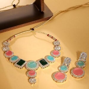 Pink Turquoise Multistrand Kundan Choker Necklace Earring & Ring Set For Women Ethnic  aqaa