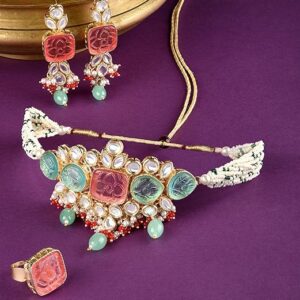 Pink Turquoise Multistrand Kundan Choker Necklace Earring Set For Women Ethnic ef o