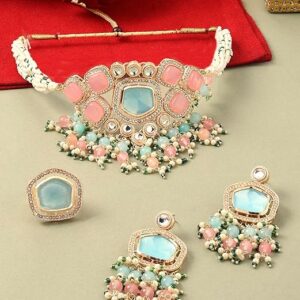 Pink Turquoise Multistrand Kundan Choker Necklace Earring & Ring Set For Women Ethnic ads