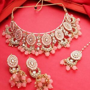 Pink Turquoise Multistrand Kundan Choker Necklace Earring & Ring Set For Women Ethnic fap