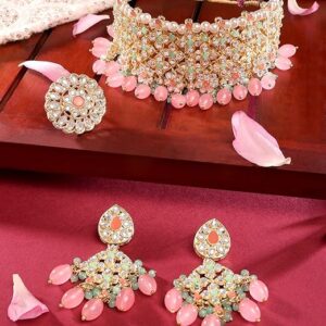 Pink Turquoise Multistrand Kundan Choker Necklace Earring & Ring Set For Women Ethnic full set qwa